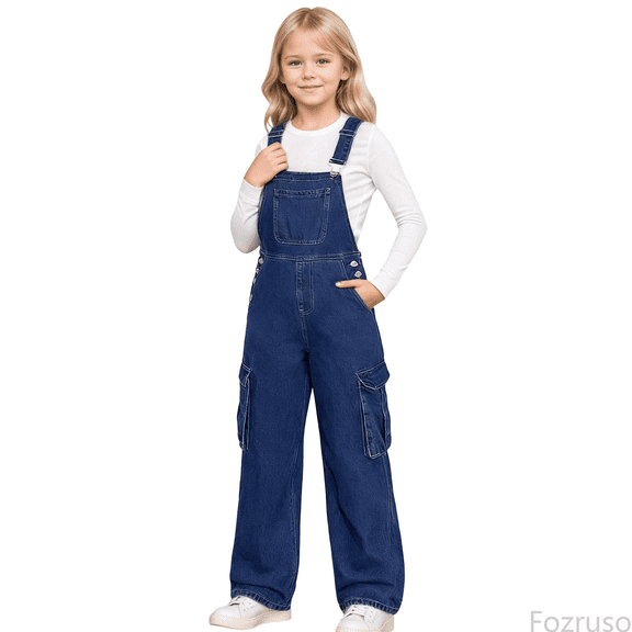 Fozruso Girls Drawstring Pants Snowflake Washed Design Girls Cargo Wide Leg Denim Overalls Jumpsuit For Toddler And Kids Fashion Casual Winter Outfit Sizes 8-9 Years
