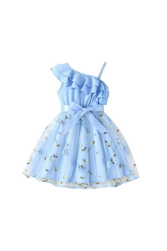 Girls Dress One Shoulder Formal Ruffle Trim Birthday Party Mesh Dresses With Belted Pockets Girls Summer Dress,Sizes 5-6 Years