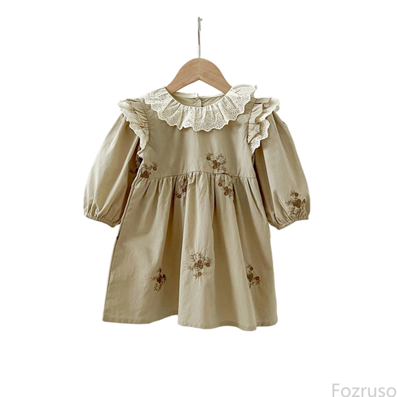 Fozruso Girls Dresses Elegant French Collar Embroidered Floral Dress For Girls With Puff Sleeves And Adjustable Bow Back Detail For And Party Wear Sizes 7-8 Years