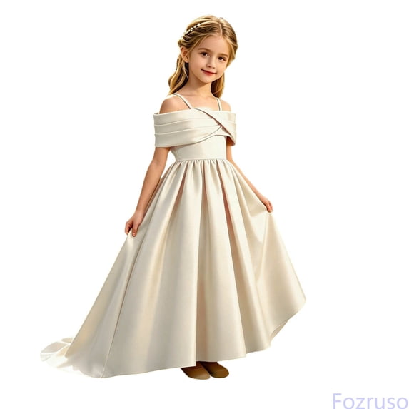 Fozruso Girls' Dresses Flower Girls Dress Off Shoulder Satin Evening Wedding Party Gown,8-9 Years
