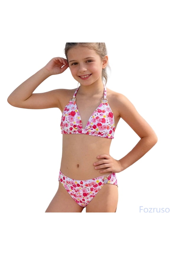 Girls Floral Bikini Two Piece Swimsuit Neck Tri Top And Bottom Swimwear For Toddler Youth 2 Piece Bathing Suit Sizes 7-8 Years