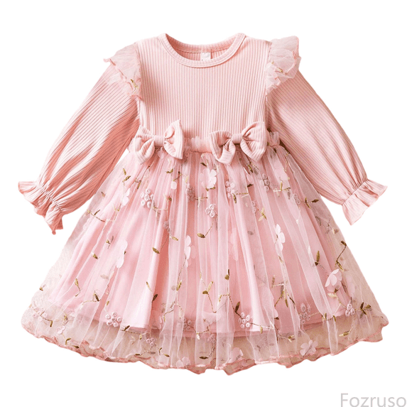 Fozruso Girls Floral Dress Elegant Floral Embroidered Long Sleeve Dress For Girls Party Gown With Bow Detailing Sizes 9-12 Months