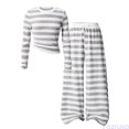 thumbnail image 1 of Fozruso Girls' Gray And White Striped Knitted Two Piece Plus Size Round Neck Long Sleeved Short Sleeved Top Wide Leg Pants (8 12 Years Old) Girls' Pant Sets, 1 of 6