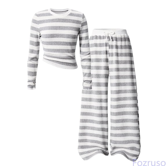 Fozruso Girls' Gray And White Striped Knitted Two Piece Plus Size Round Neck Long Sleeved Short Sleeved Top Wide Leg Pants (8 12 Years Old) Girls' Pant Sets