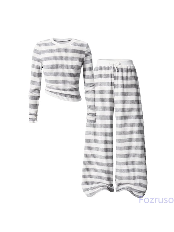 Girls' Gray And White Striped Knitted Two Piece Plus Size Round Neck Long Sleeved Short Sleeved Top Wide Leg Pants (8 12 Years Old) Girls' Pant Sets