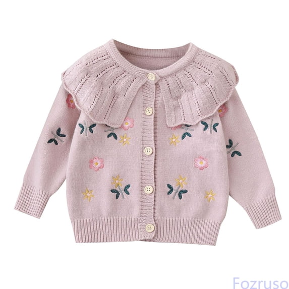 Fozruso Girls Knitted Cardigan Sweaters Lapel Collar Floral Embroidered Long Sleeve Button Cardigan,Red