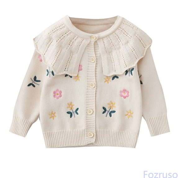 Fozruso Girls Knitted Cardigan Sweaters Lapel Collar Floral Embroidered Long Sleeve Button Cardigan,White