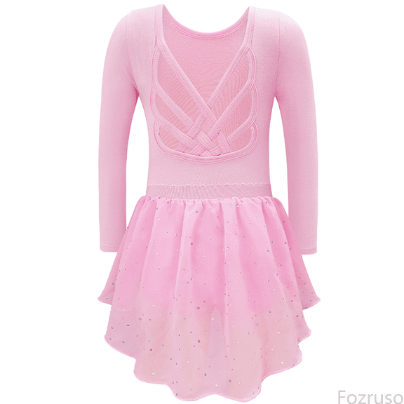 Fozruso Girls Lace Dress Girls Dance Long Sleeve Leotard With Back And Sparkly Skirt Two Piece For Performance Gymnastics Practice Sizes 8-9 Years