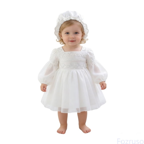 Fozruso Girls Long Sleeve Gown Baptism Dress for Girls Party Outfit Daily Wear,White,6-9 Months