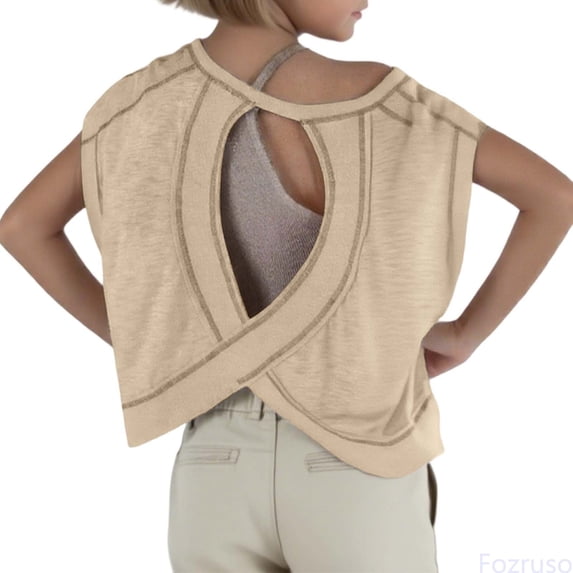 Fozruso Girls Loose Casual Short Sleeve Fitness T Shirt Backless Top Backless Yoga Sports Short Running T Shirt (4y 12y) Basic Tees,Sizes 11-12 Years Beige