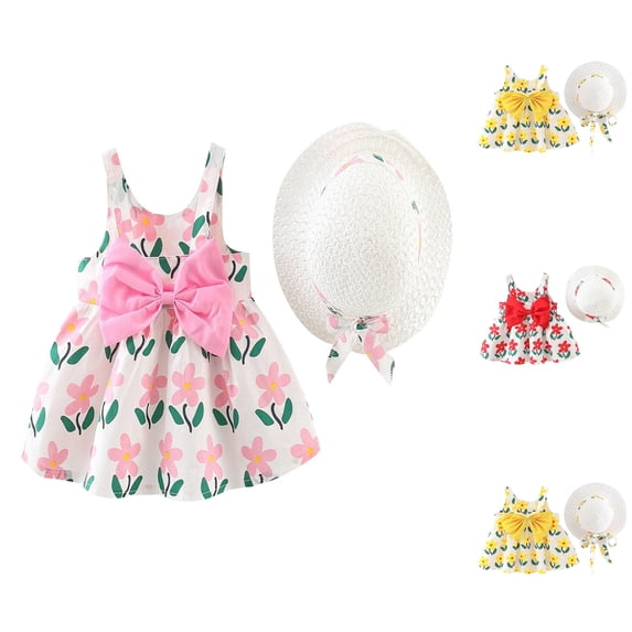 Fozruso Girls Outfit Sets Baby Kids Girls Sleeveless Bow Flower Suspending Dress And Hat Set Outfit Sizes 6-12 Months(Yellow)