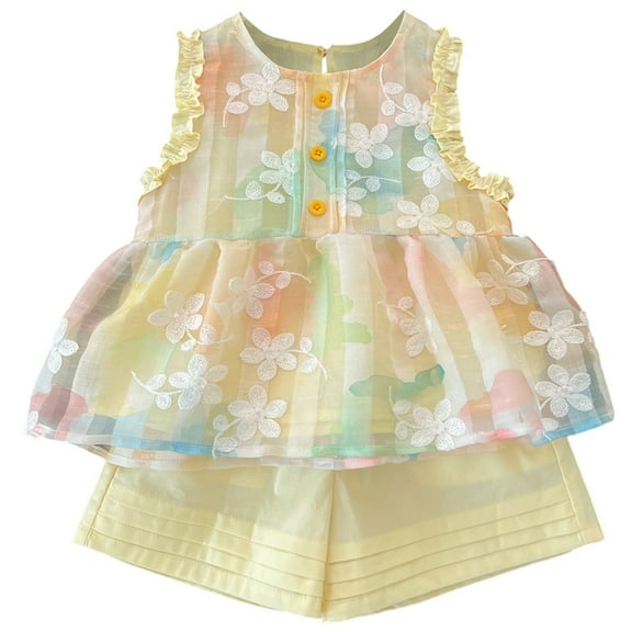Fozruso Girls Outfit Sets Girls Summer Outfits 2 Piece Set Sleeveless Top And Shorts With Ruffle Trim Toddler Baby Girl Casual Playwear Age 2 12 Years,3-4 Years(Yellow)