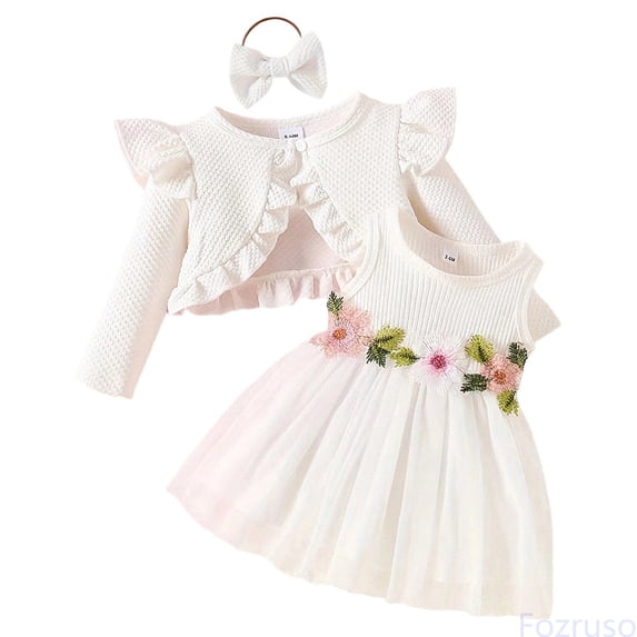 Fozruso Girls Outfits Set Baby Toddler Floral Dress With Long Sleeve Jacket 2 Piece Cute Casual Outfit Daily Wear,White,9-12 Months