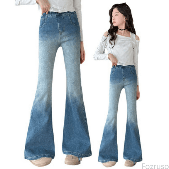 Fozruso Girls Pants Girls Denim Bottom Pants Flared Trousers For Teenage Kids Fashion Casual Everyday Wear Comfortable Stretch Bootcut Jeans Classic Retro Style Sizes 8-9 Years