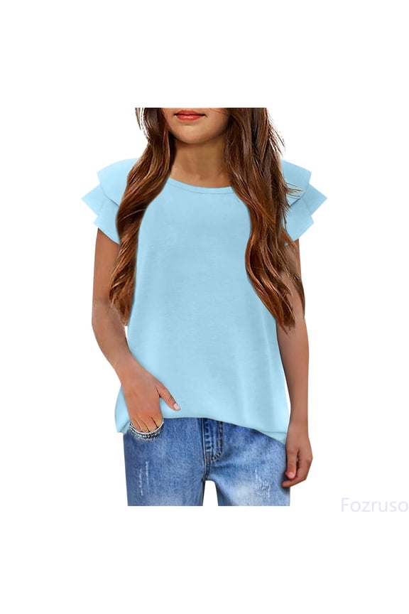 Girls Ruffle Sleeve Shirts Summer Crewneck Tee Tops Casual Cute Blouse,Sizes 11-12 Years Blue