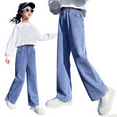 thumbnail image 1 of Fozruso Girls School Uniform Pants Girls Casual Pants Straight Leg Wide Leg Jeans For Toddler To Teen Comfortable Elastic Waist Spring Summer Everyday Wear Sizes 3-4 Years, 1 of 4