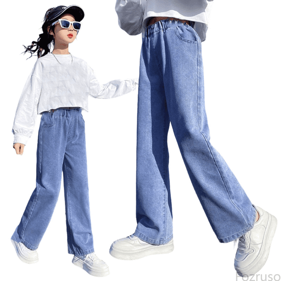Fozruso Girls School Uniform Pants Girls Casual Pants Straight Leg Wide Leg Jeans For Toddler To Teen Comfortable Elastic Waist Spring Summer Everyday Wear Sizes 3-4 Years