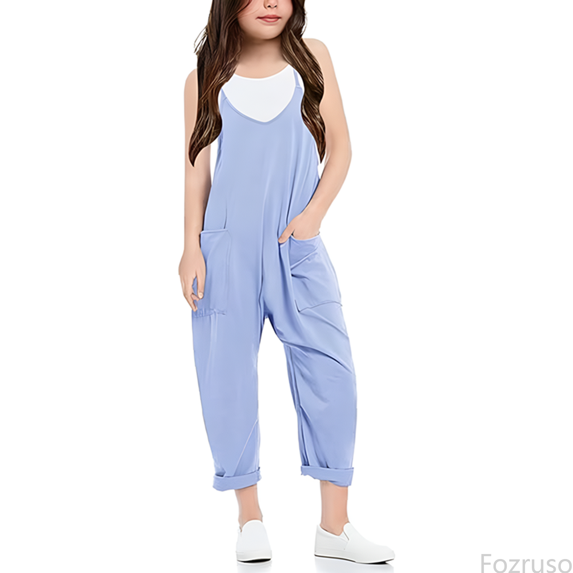Fozruso Girls School Uniform Pants Girls' Fashion Casual V Suspender Romper Solid Color Loose Casual Romper With Pocket Sizes 5-6 Years