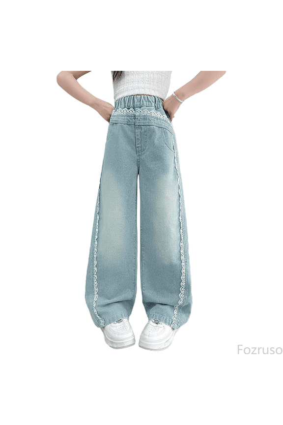 Girls School Uniform Pants Kids Girls Jeans Distressed Elastic Waist Baggy Denim Wide Leg Pants Trousers Sizes 10-11 Years