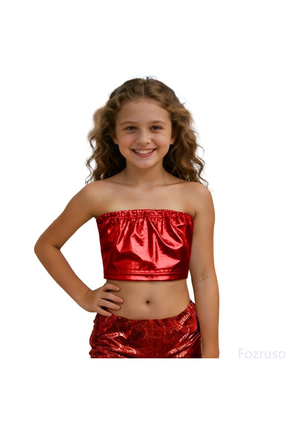 Girls Sequin Top Stretch Dance Performance Cheerleading Photo Basic Tees,Sizes 4-5 Years Red