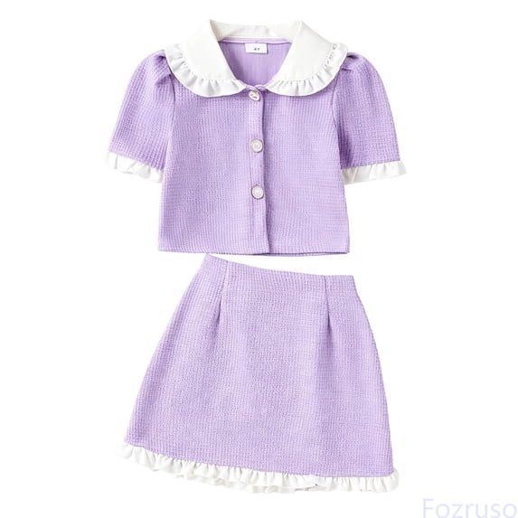 Fozruso Girls Set Crew Neck Bow Short Sleeve T Shirt + Denim Skirt 2 Piece Set (2 7 Years ) Girls Skirt Outfit Sets,Purple,4 Years