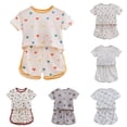 thumbnail image 1 of Fozruso Girls Shorts Outfit Sets Toddler Girl Wooden Ear Edge Short Sleeve Strawberry Print T Shirt Top Shorts Home Clothes Loose Sportswear Suit 0 To 6 Years Sizes 6-12 Months(Beige), 1 of 4