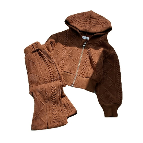 Fozruso Girls Skirt Sets Girls Clothing Set Fall Knit Long Sleeve Hoodie Zipper Up Sweatshirt And Wide Leg Pants Slouchy Casual Outfits,11-12 Years(Brown)