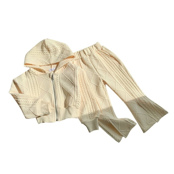 Fozruso Girls Skirt Sets Girls Clothing Set Fall Knit Long Sleeve Hoodie Zipper Up Sweatshirt And Wide Leg Pants Slouchy Casual Outfits,2-3 Years(Beige)
