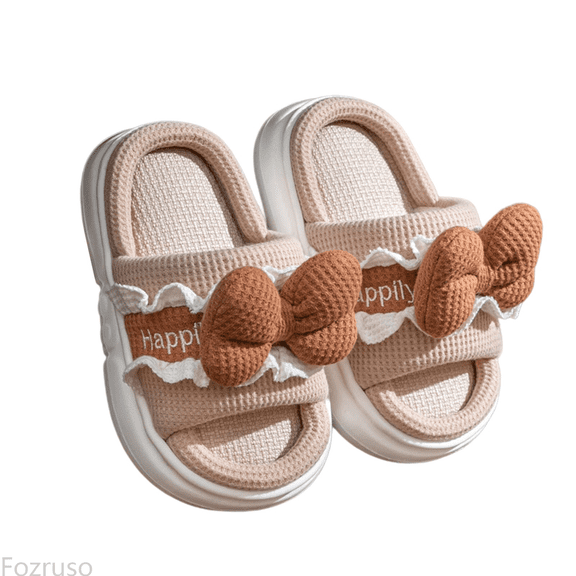 Fozruso Girls Slippers Cute Cartoon Bow Design Breathable Linen Slippers Indoor Comfortable Soft Sole Toddler Girls Boys Home Footwear,Kids Plush Slip On Slippers Sizes 8.5 Little Kid(2-2.5 Years)