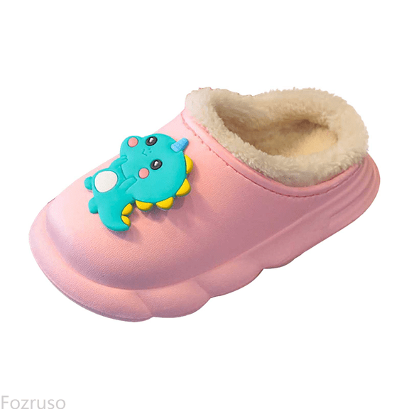 Fozruso Girls Slippers Warm Winter Shoes Soft Sole Cute Cartoon Indoor Outdoor Clogs For Toddler Kids,Winter Slippers Sizes 2 Big Kid(10-10.5 Years)