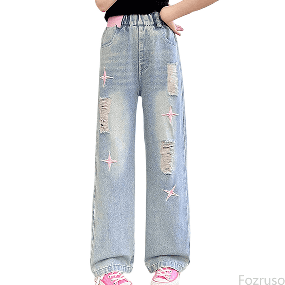Fozruso Girls Stretch Pants Girls Fashion Cute Personality Pants Elastic Waist Wide Leg Jeans Casual Demin Pants With Pockets Sizes 16-17 Years