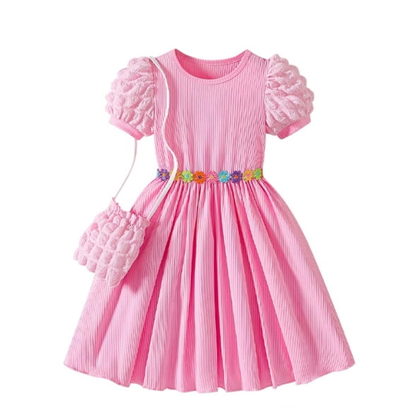 Fozruso Girls Summer Dresses Summer Baby Girl's Puff Sleeved Vertical Striped Waist Floral Design Dress Dress Set Including Bag Sizes 3-4 Years