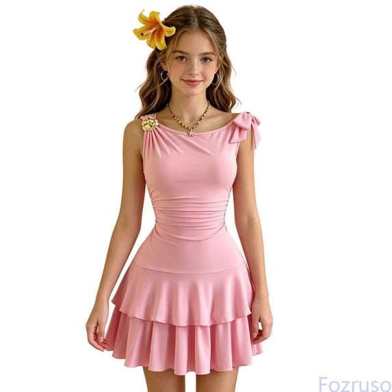 Fozruso Girls Summer Dresses Summer Sleeveless Dress For Girls Tiered Ruffle Basic Cute Swing Dress,12-13 Years