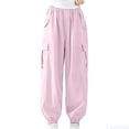 thumbnail image 1 of Fozruso Girls Summer Street Casual Cargo Pants Pocket Drawstring Stretch Waist Cargo 7 Division Of Labor Pants School Uniform Pants Sizes 4-5 Years(Pink), 1 of 5
