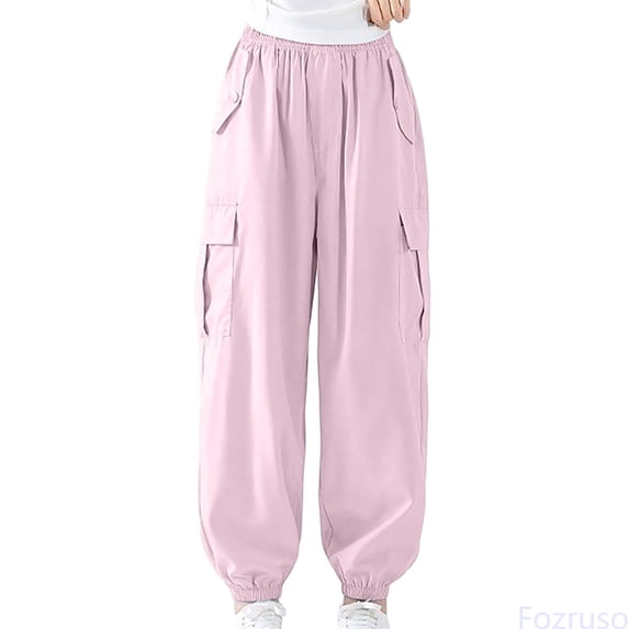 Fozruso Girls Summer Street Casual Cargo Pants Pocket Drawstring Stretch Waist Cargo 7 Division Of Labor Pants School Uniform Pants Sizes 4-5 Years(Pink)