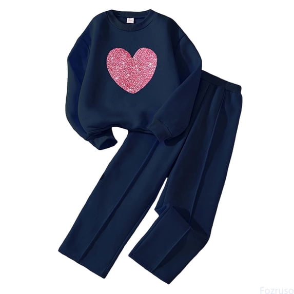 Fozruso Girls Sweater Design Large Size Heart Pattern Long Sleeve Top And Pants Double Layered Insulated Suitable For 7 12 Years Old Cute Clothing Sets,Blue,7-8 Years