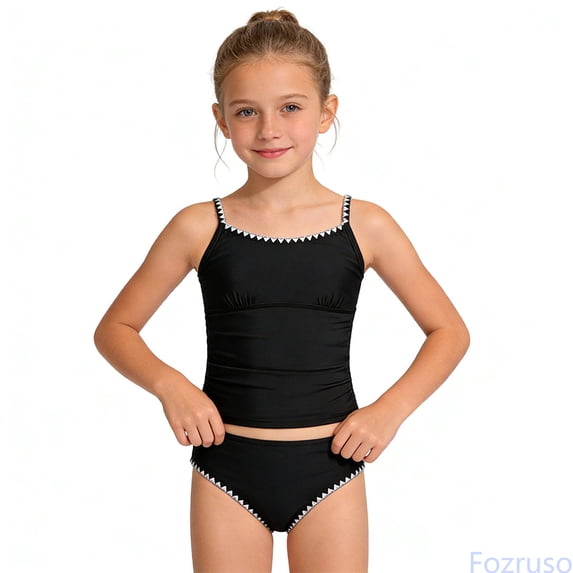 Fozruso Girls Swimsuit Solid Color Contrast Trim Swimwear 2 Piece Bathing Suit Padded Swimsuits For Teens 8 14Y 2 Piece Bikini Set Sizes 10-11 Years