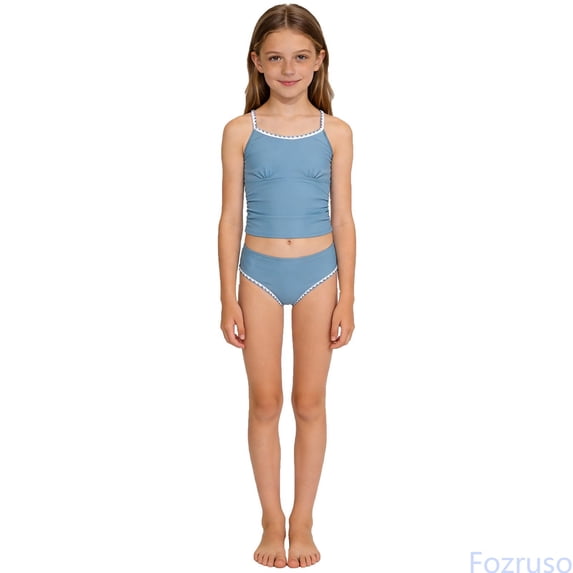 Fozruso Girls Swimsuit Solid Color Contrast Trim Swimwear 2 Piece Bathing Suit Padded Swimsuits For Teens 8 14Y Swimwear Sets Sizes 11-12 Years