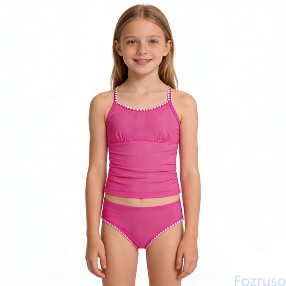 Fozruso Girls Swimsuit Solid Color Contrast Trim Swimwear 2 Piece Bathing Suit Padded Swimsuits For Teens 8 14Y Two Piece Bikini Sets Sizes 13-14 Years