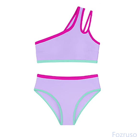 Fozruso Girls Swimsuit Two Piece One Shoulder Bathing With Chest Pad Color Bikini 7 16 Years 2 Piece Bikini Set Sizes 15-16 Years