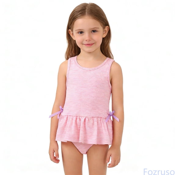 Fozruso Girls Swimsuit With Bow And Ruffle Skirt High Elasticity Striped Bathing For Baby Toddler One-Piece Swimwear Sizes 4-5 Years