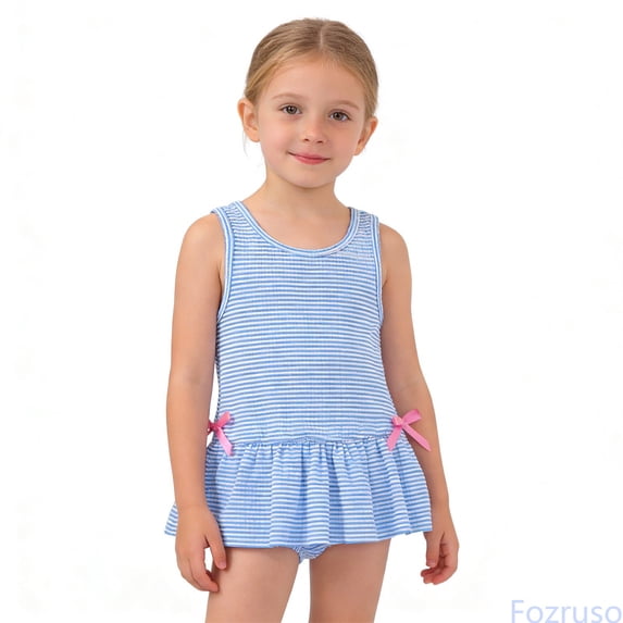 Fozruso Girls Swimsuit With Bow And Ruffle Skirt High Elasticity Striped Bathing For Baby Toddler One-Piece Swimwear Sizes 4-5 Years