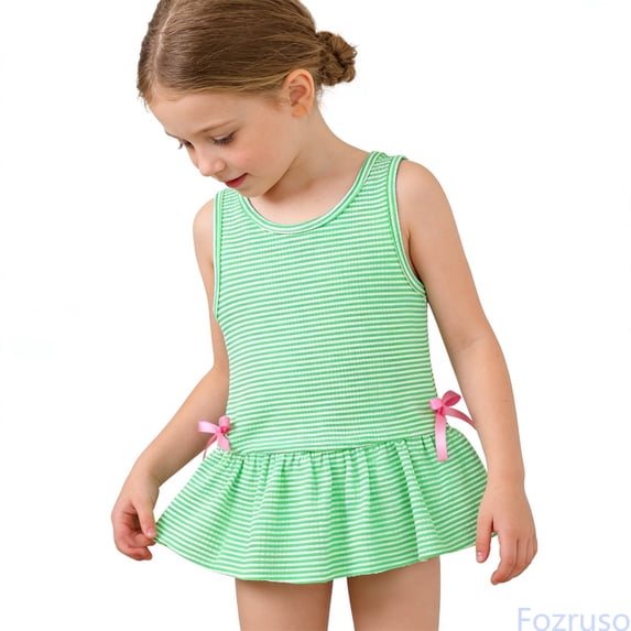 Fozruso Girls Swimsuit With Bow And Ruffle Skirt High Elasticity Striped Bathing For Baby Toddler One-Piece Swimwear Sizes 6-12 Months