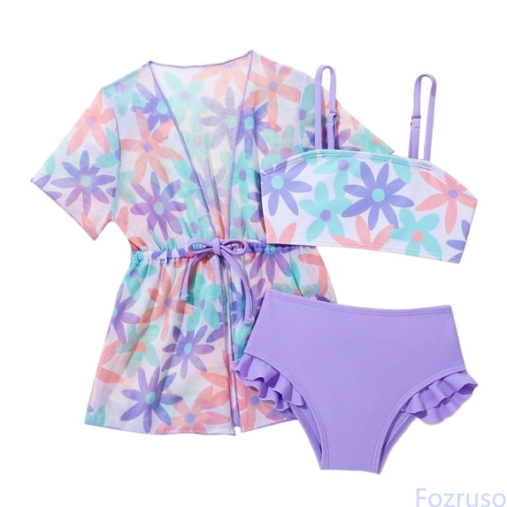 Fozruso Girls Swimwear 3 Piece Set With Floral Cover Up Cute Cartoon Print Toddler Bikini Swimsuit For Beach Pool Summer Vacation Outfit Age 3 7 Years 3 Piece Bikini Bathing Suit Sizes 12-18 Months