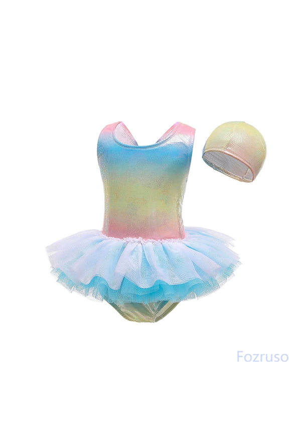 Girls Swimwear For Kids With Print And Mesh Overlay Swim Cap Included Eye Catching Beachwear For Girls 2 8 Years Two Piece Bikini Sets Sizes 7-8 Years