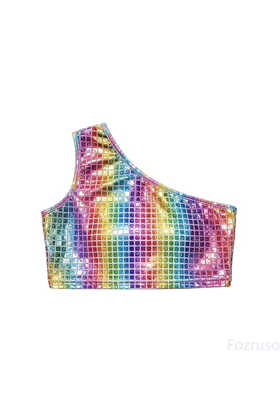 Girls Tank Tops Girls Sequin Cut Crop Top Shimmering Square Pattern Stage Performance Tee,11-14 Years,Multicolor