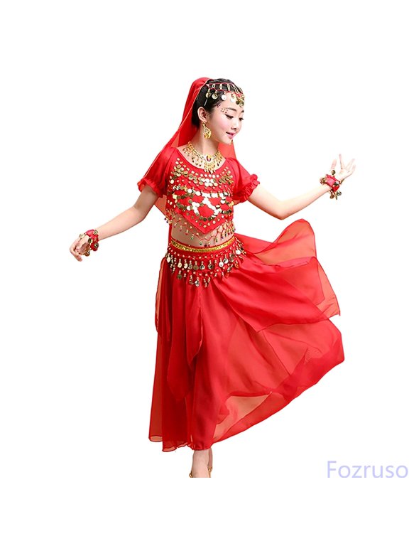 Girls Traditional Dance Performance Outfit With Flowing Skirt For Stage Ethnic Belly Dance Girls 2 Piece Outfits