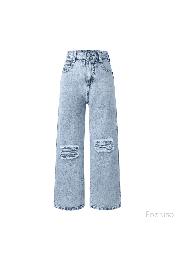 Girls Twill Pants Distressed Snowflake Wash Wide Leg Jeans For Teen Girls Comfortable Stretch Denim Trousers With Ripped Details And Flared Fit Sizes 8-9 Years