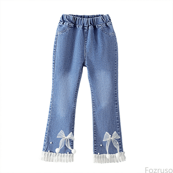 Fozruso Girls Twill Pants Girls Pearl Bow Embroidered Jeans Wide Leg Flare Denim Pants With Elastic Waist For Toddler Kids Sizes 2-3 Years