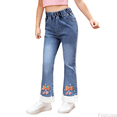 thumbnail image 1 of Fozruso Girls Twill Pants Girls Pearl Bow Embroidered Jeans Wide Leg Flare Denim Pants With Elastic Waist For Toddler Kids Sizes 3-4 Years, 1 of 6